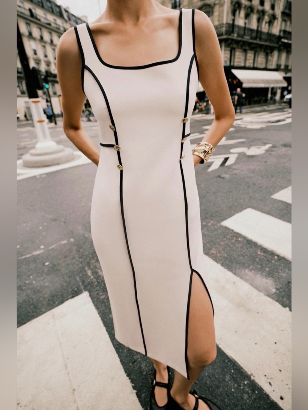 ZARA Contrast Trim Midi Dress Ecru Black NWT Size Large - Picture 11 of 15